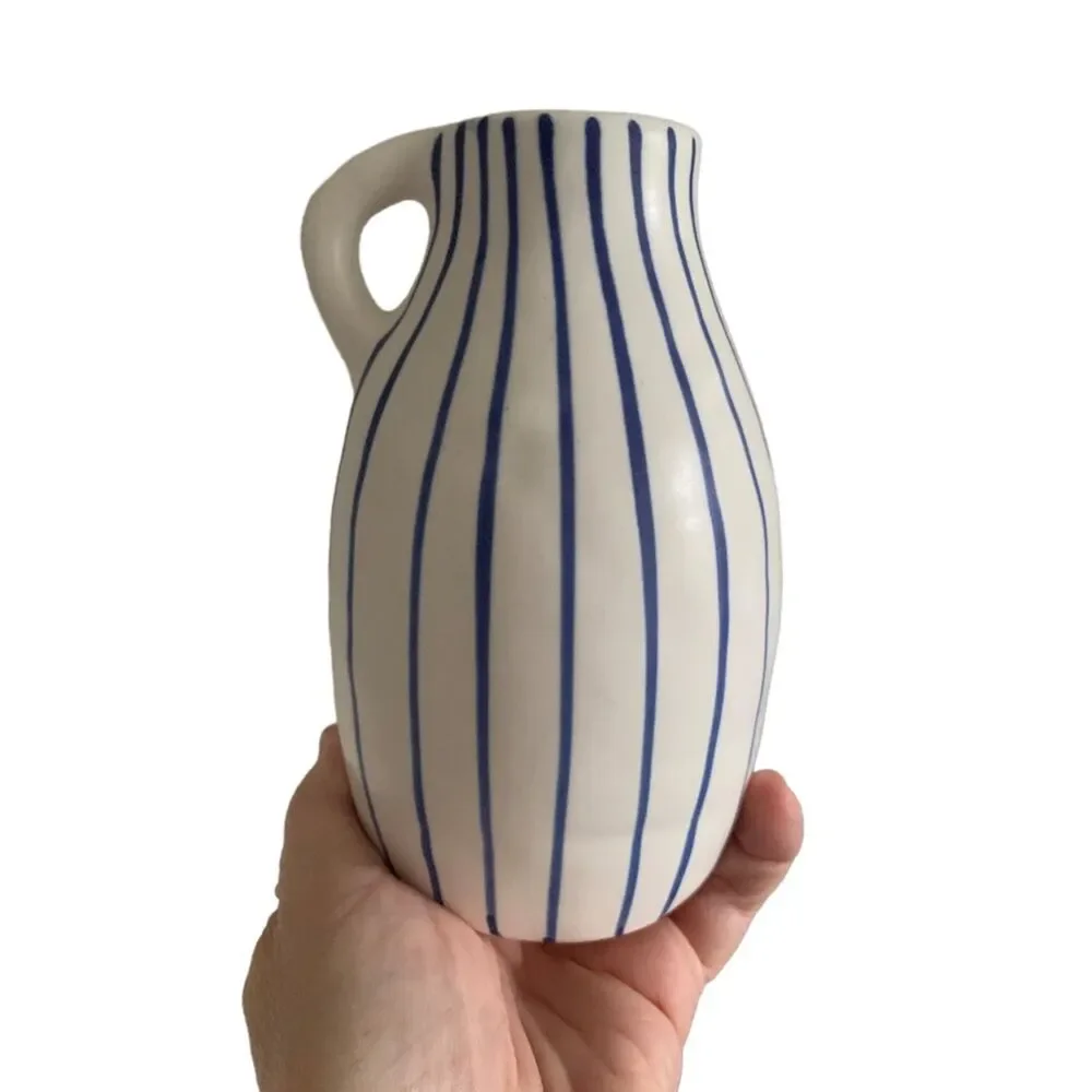 IKEA GODTAGBAR Pitcher Vase Blue Stripe Ceramic Farmhouse Scandinavian Decor